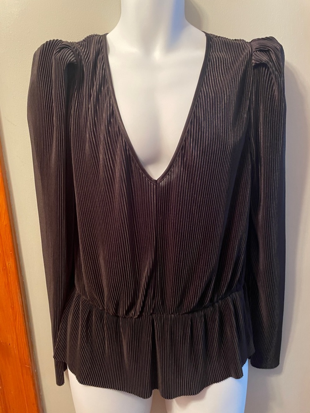 ⭐️NWT WAYF Pleated V-Neck Long Sleeve Peplum Elegant Urban Black WhimsiGoth Top